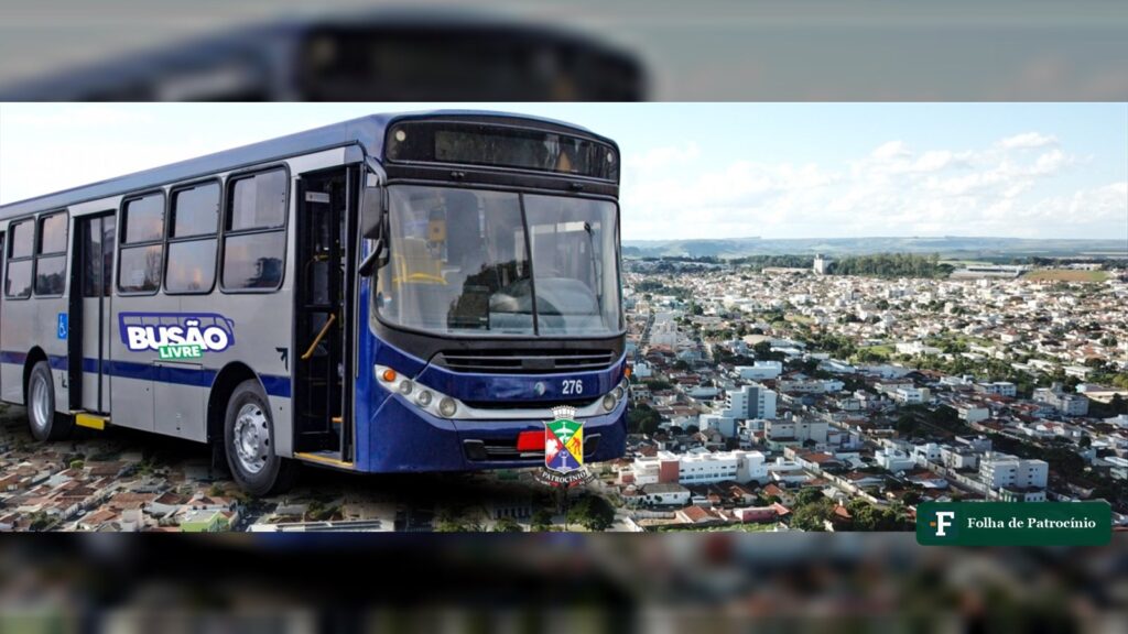 Ônibus do transporte coletivo de Patrocínio com a cidade ao fundo, ônibus de graça no dia da eleição