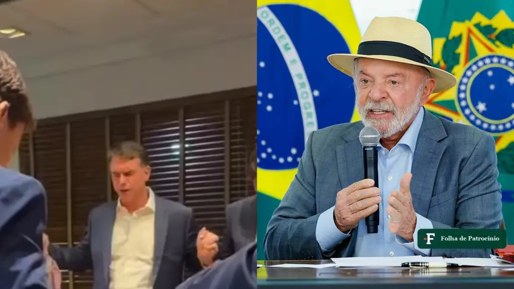 Pai-Nosso antes do debate: Flávio Bolsonaro reza com a equipe na Band, ao lado de retrato de Lula