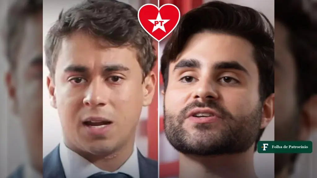Passaporte de Nikolas Ferreira: montagem com os rostos de Nikolas Ferreira e Pedro Rousseff e um coração com o símbolo do PT
