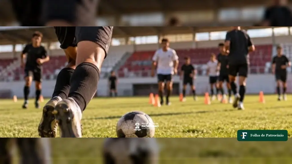 Jogador conduz a bola em treino no Estádio Júlio Aguiar, em Patrocínio, na divulgação da peneira do CAP