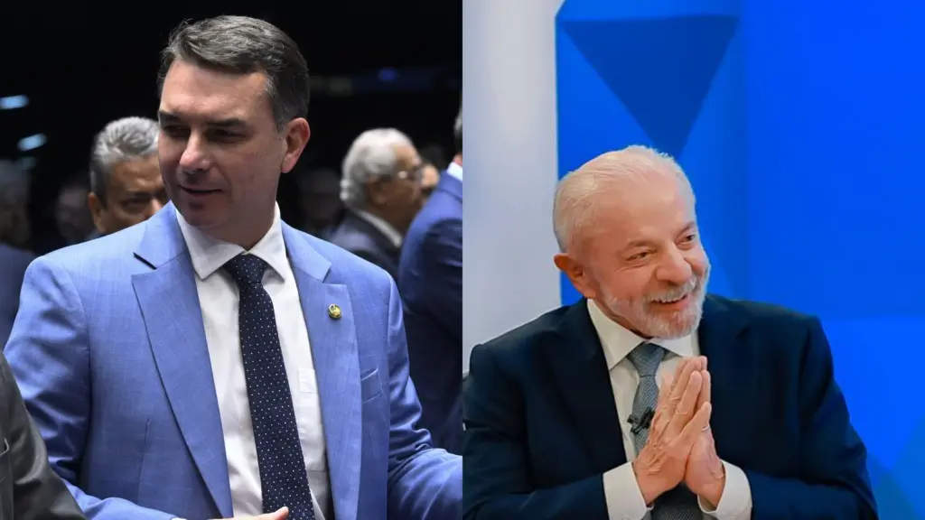 Flávio Bolsonaro no plenário do Senado e Lula sorrindo com as mãos juntas em estúdio de TV, lado a lado