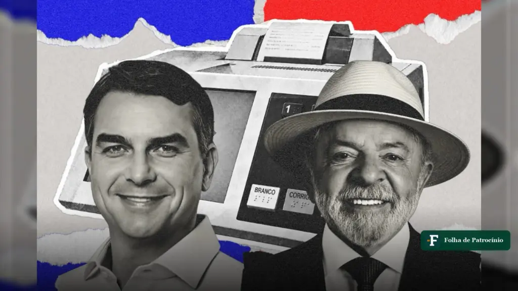 Flávio Bolsonaro e Lula diante de uma urna eletrônica, os dois nomes da pesquisa Datafolha do 2º turno