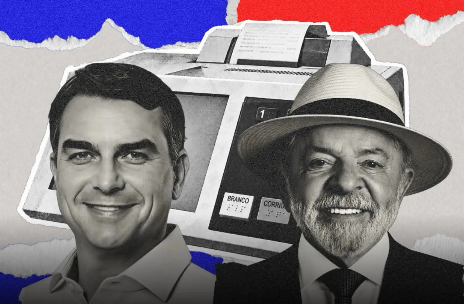 Flávio Bolsonaro e Lula lado a lado com uma urna eletrônica ao fundo, candidatos medidos pela pesquisa Datafolha