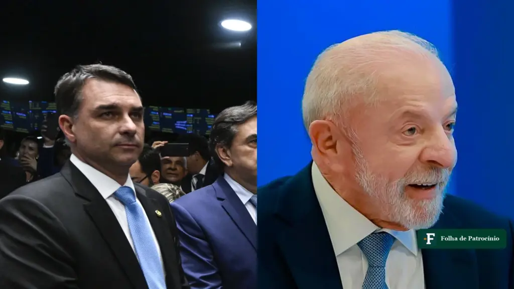 Flávio Bolsonaro no plenário do Senado e Lula em entrevista, retratos da pesquisa DataTrends