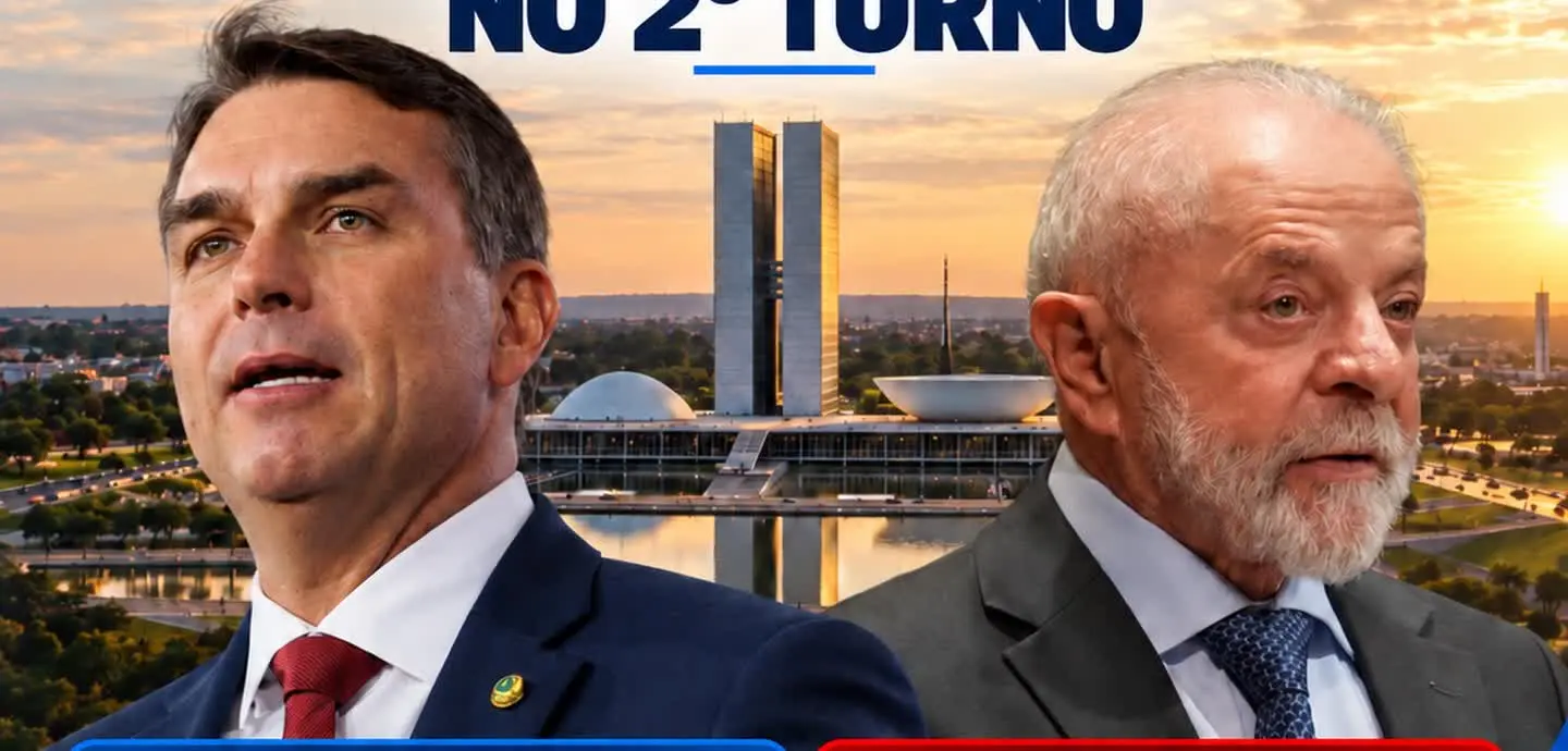 Flávio Bolsonaro e Lula diante do Congresso Nacional na arte da pesquisa DataTrends do segundo turno