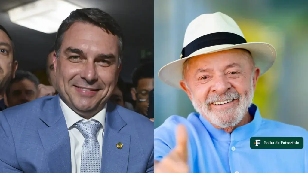Os pré-candidatos Flávio Bolsonaro e Lula lado a lado em fotos de arquivo, na pesquisa do Veritá sobre o primeiro turno