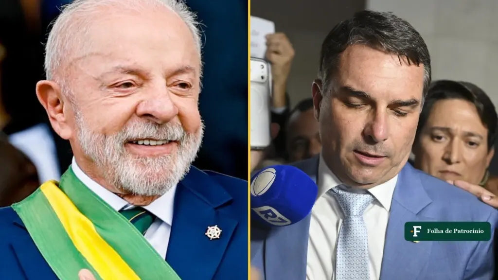 Lula e Flávio Bolsonaro lado a lado, candidatos ao segundo turno citados na pesquisa Futura