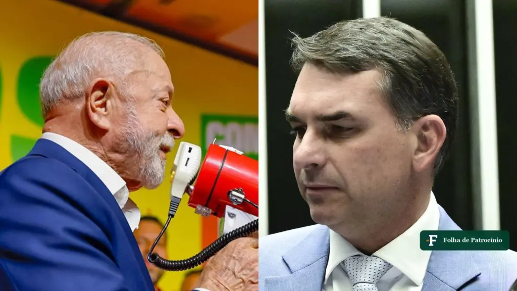 Lula com megafone e Flávio Bolsonaro em plenário, em foto lado a lado que ilustra a pesquisa Palver do segundo turno
