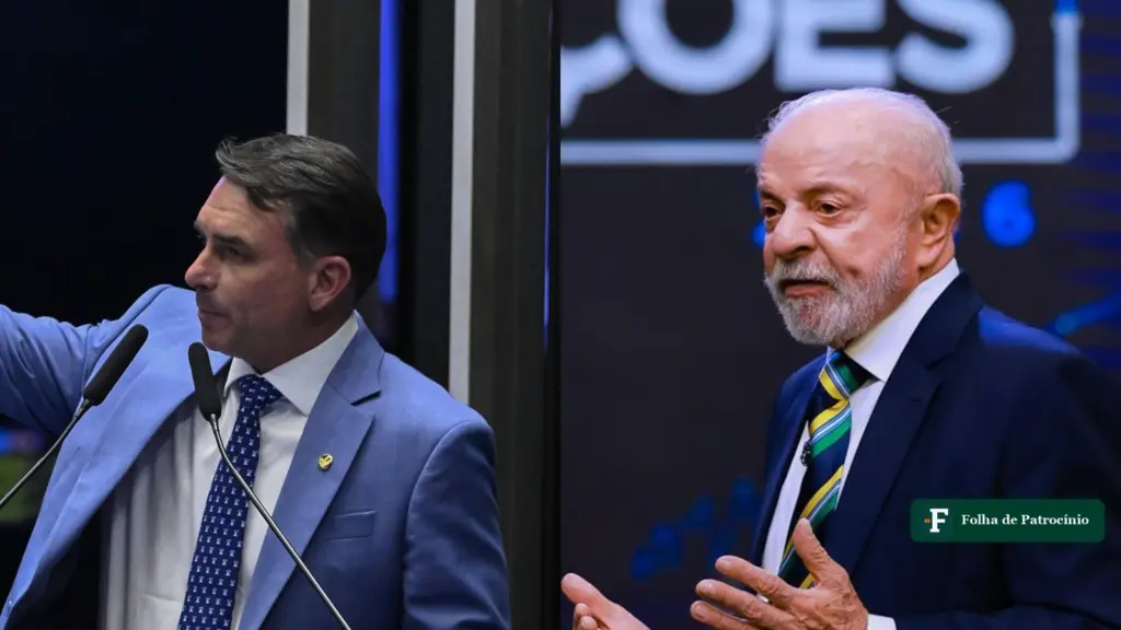 Flávio Bolsonaro na tribuna do Senado e Lula no debate da Band, retratos da pesquisa PoderData