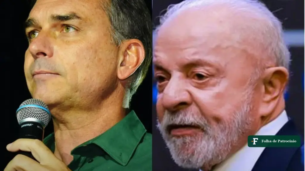 Retratos de Flávio Bolsonaro e Lula lado a lado, candidatos da pesquisa PoderData do segundo turno