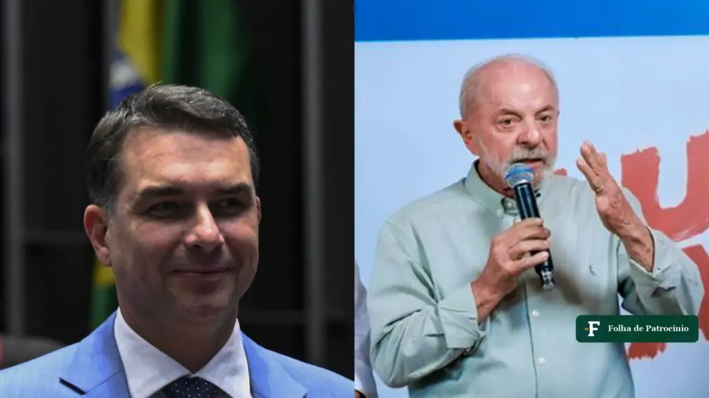 Fotos lado a lado de Flávio Bolsonaro e Lula na semana da pesquisa PoderData que mostra empate no segundo turno