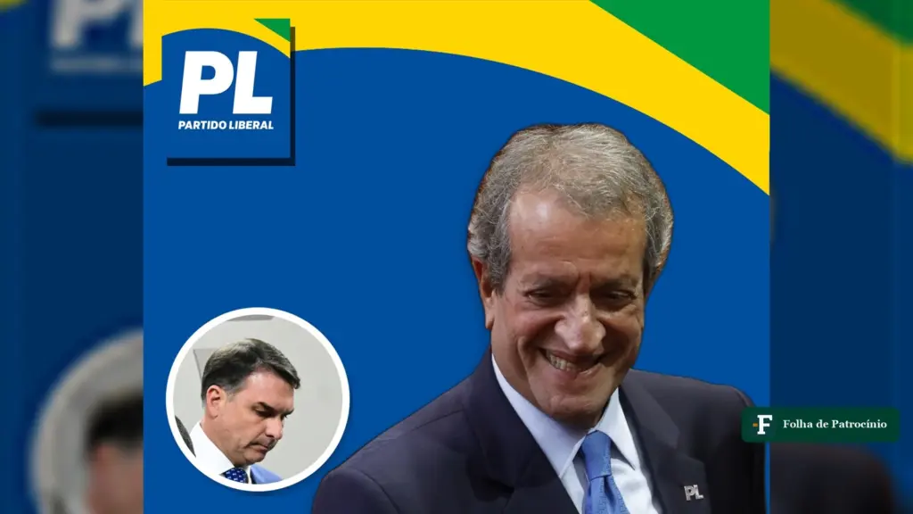 PL reconhece o resultado: Valdemar Costa Neto em frente ao logotipo do partido, com Flávio Bolsonaro em destaque circular