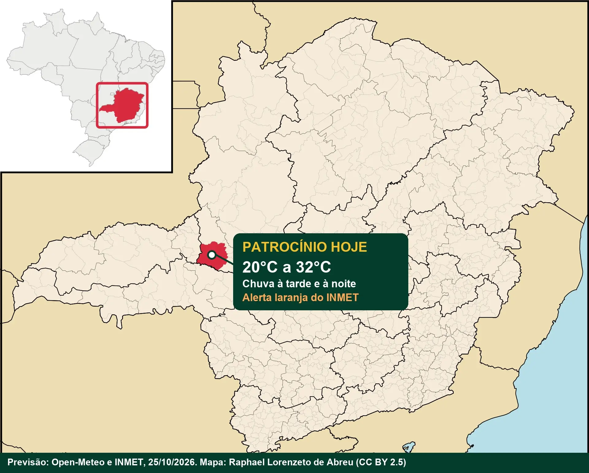 Previsão do tempo em Patrocínio: mapa de Minas Gerais com o município destacado em vermelho e o quadro com a previsão do dia