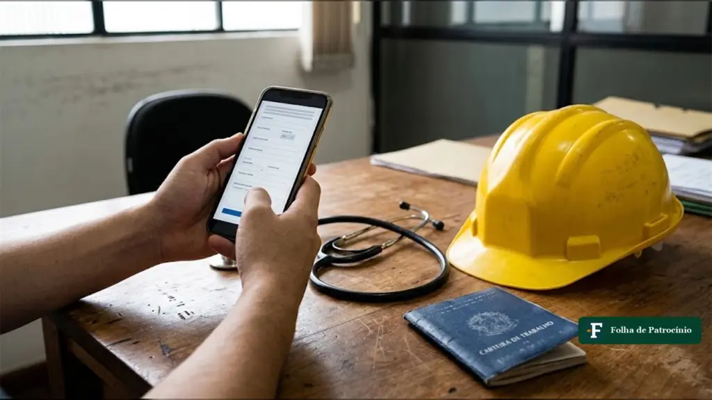 Mãos segurando celular com formulário de inscrição ao lado de estetoscópio e capacete, ilustrando o processo seletivo em Patos de Minas
