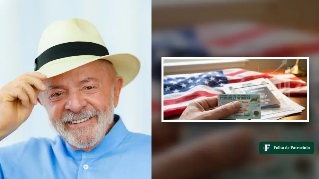 O presidente Lula ao lado da imagem de um green card dos Estados Unidos, sobre a procura por green card após a reeleição