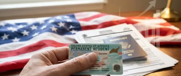 Green card, passaporte e bandeira dos Estados Unidos, que ilustram a procura por green card