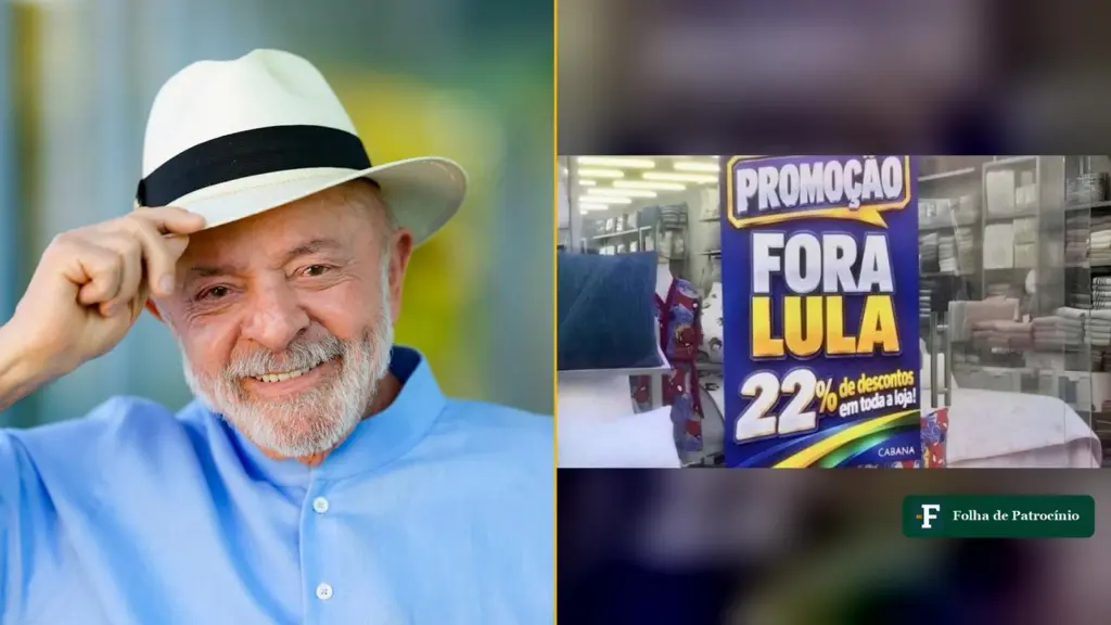 Foto de Lula ao lado de cartaz da promoção Fora Lula com 22% de desconto, alvo da PM no Vale do Aço