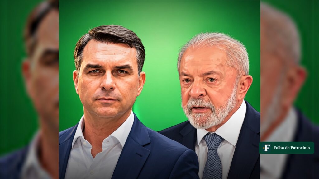 Flávio Bolsonaro e Lula lado a lado em ilustração sobre fundo verde, na Quaest da véspera