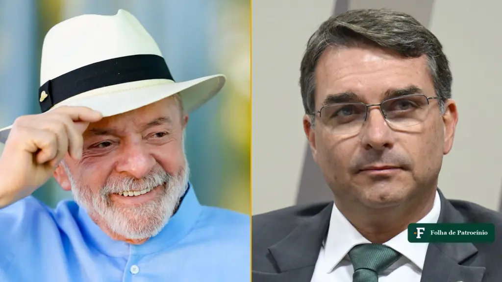Retratos de Lula e Flávio Bolsonaro lado a lado, candidatos ao 2º turno na Quaest no DF
