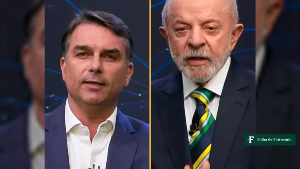 Quem ganhou o debate: Flávio Bolsonaro e Lula lado a lado no estúdio da Band, cada um num quadro
