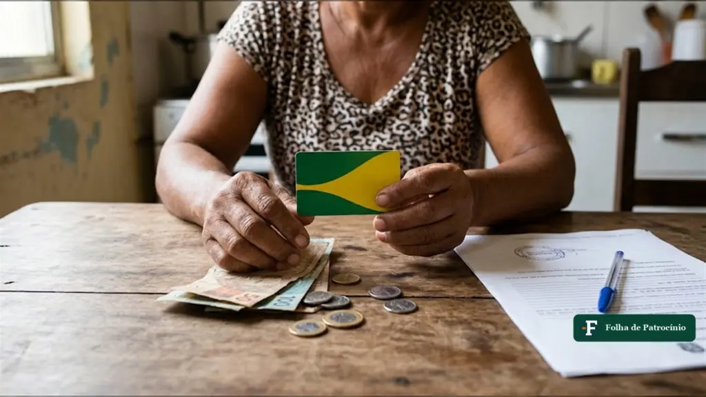 Reajuste do Bolsa Família: ilustração de mãos segurando um cartão verde e amarelo ao lado de cédulas e moedas sobre a mesa