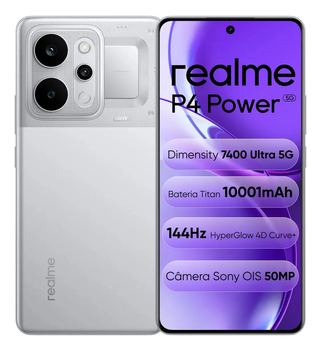 realme P4 Power de 256 GB visto de frente e de costas, com a bateria de 10.001 mAh destacada