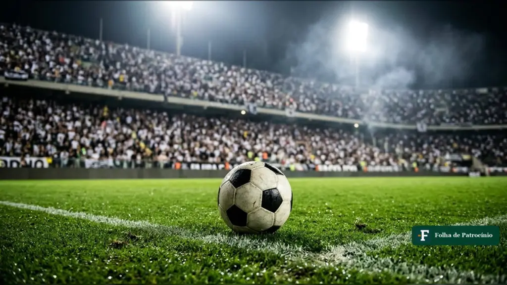 Bola parada no gramado de estádio lotado à noite, em ilustração sobre o rebaixamento do Corinthians