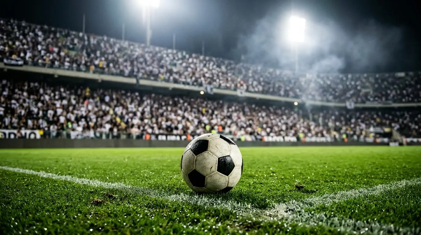 Bola parada no gramado de estádio lotado à noite, em ilustração sobre o rebaixamento do Corinthians