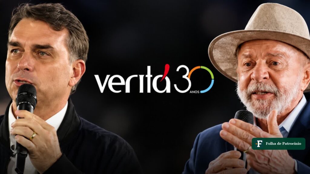Flávio Bolsonaro e Lula ao lado do logotipo do Instituto Veritá, em imagem sobre a restrição ao Veritá