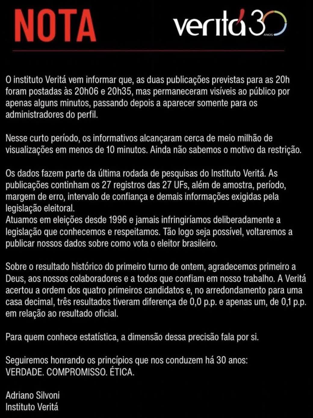 Nota do Instituto Veritá sobre a restrição ao Veritá nas publicações com a pesquisa do segundo turno
