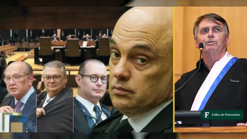 Ministros do STF no plenário ao lado de Jair Bolsonaro discursando, em montagem sobre a revisão criminal de Bolsonaro