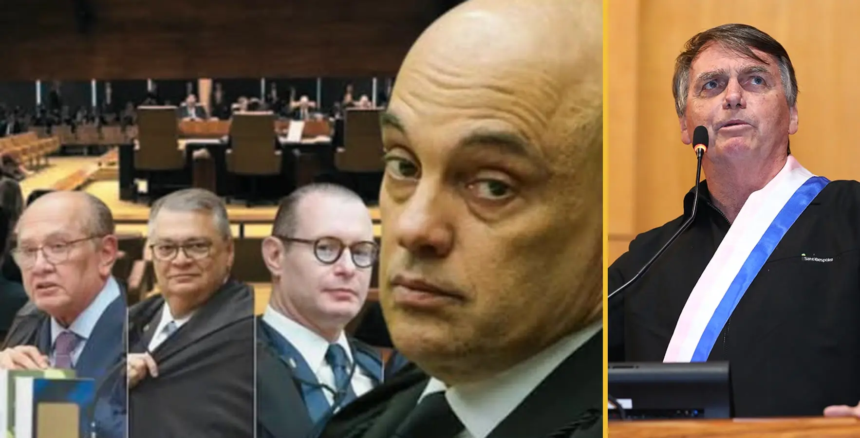 Ministros do STF no plenário ao lado de Jair Bolsonaro discursando, em montagem sobre a revisão criminal de Bolsonaro