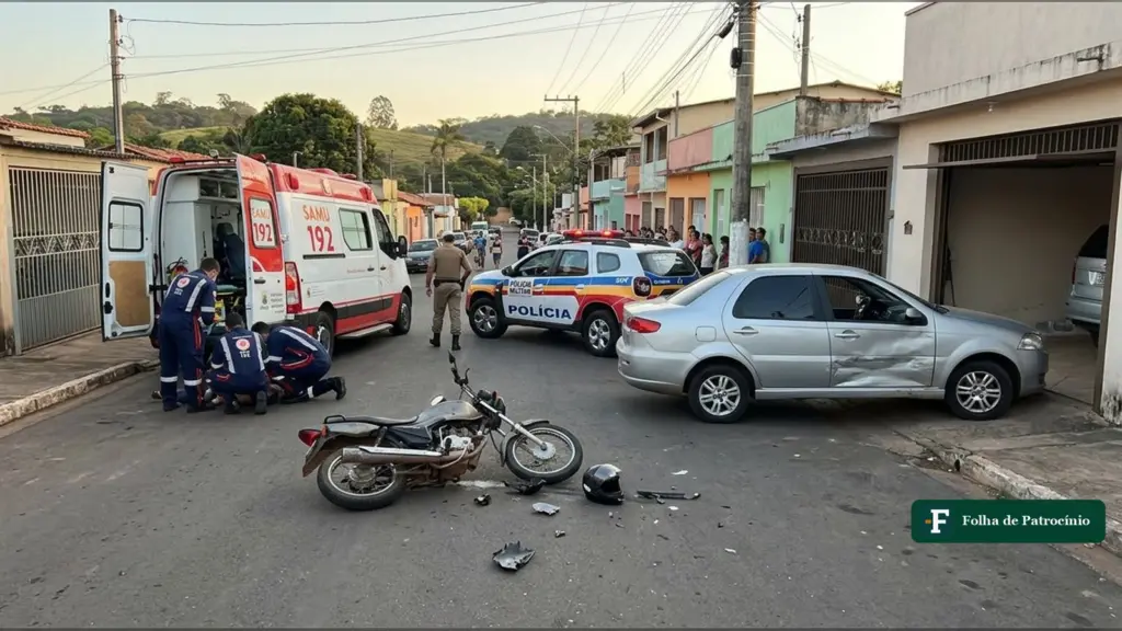 Ilustração de batida entre moto e carro na Rua Governador Valadares com ambulância do Samu