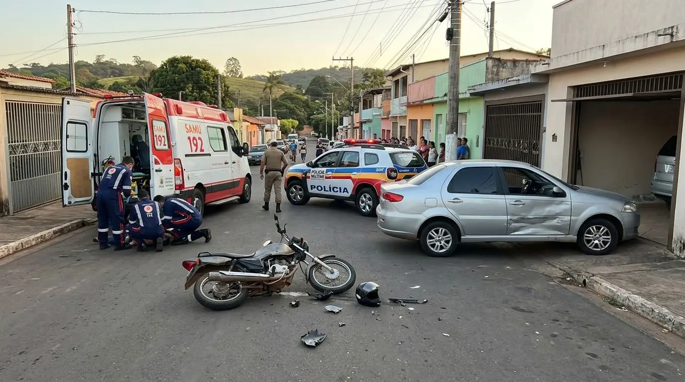 Ilustração de batida entre moto e carro na Rua Governador Valadares com ambulância do Samu