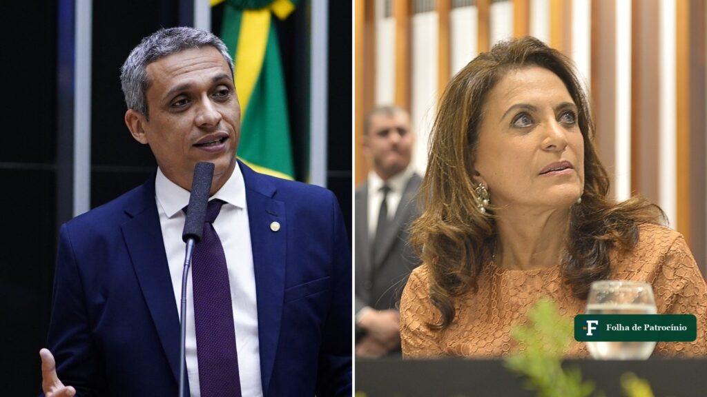 Os senadores eleitos em Goiás lado a lado: Gustavo Gayer discursa ao microfone no plenário da Câmara e Gracinha Caiado aparece sentada à mesa de uma sessão na Assembleia Legislativa