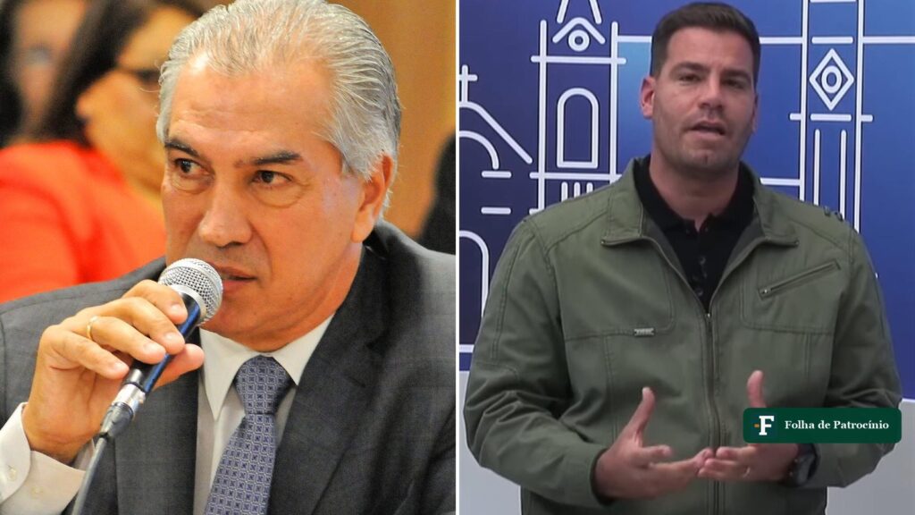 Os senadores de Mato Grosso do Sul eleitos em 2026: Reinaldo Azambuja fala ao microfone, à esquerda, e Capitão Contar discursa em estúdio, à direita