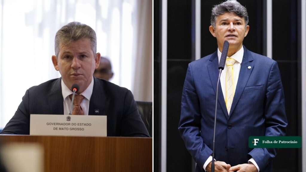 Os senadores eleitos em Mato Grosso lado a lado: Mauro Mendes fala ao microfone atrás da placa de governador do estado e Zé Medeiros discursa na tribuna da Câmara dos Deputados