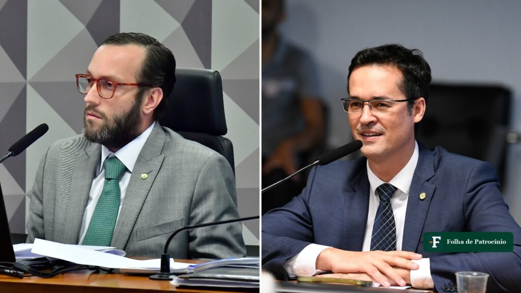 Os senadores eleitos no Paraná, Filipe Barros à esquerda, numa sessão de comissão, e Deltan Dallagnol à direita, falando ao microfone no Congresso