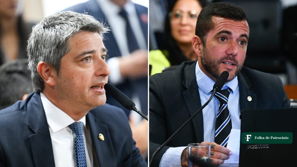 Os senadores eleitos no Rio de Janeiro, Carlos Portinho e Carlos Jordy, lado a lado, cada um falando ao microfone em comissões do Senado