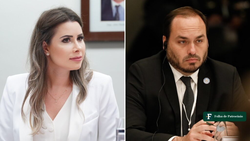 Os senadores eleitos em Santa Catarina lado a lado: Carol De Toni de blazer branco numa comissão da Câmara e Carlos Bolsonaro de terno escuro com fone de tradução