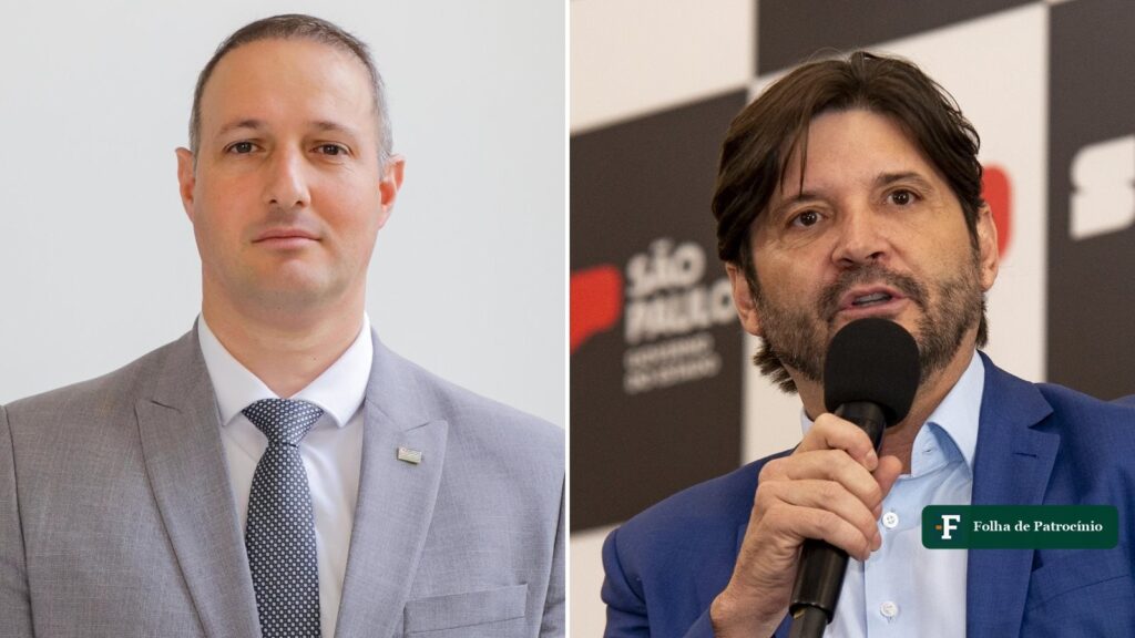 Os senadores eleitos em São Paulo lado a lado: Guilherme Derrite de terno cinza em retrato oficial e André do Prado discursando ao microfone