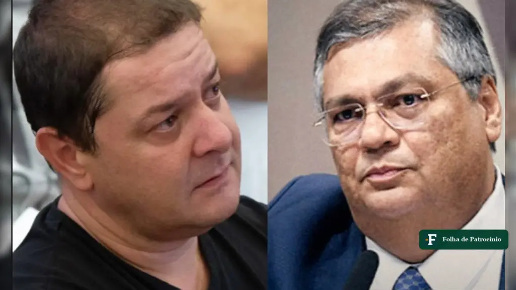Lulinha e o ministro Flávio Dino lado a lado, em montagem sobre a entrega dos sigilos de Lulinha ao STF