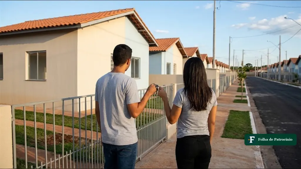 Casal de costas segura a chave diante de casa popular, ilustrando o subsídio do Minha Casa Minha Vida