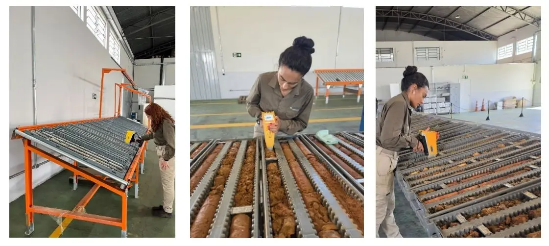 Geólogas da Oceana Metals analisam testemunhos de rocha da pesquisa de terras raras com equipamento portátil na base da empresa em Patrocínio