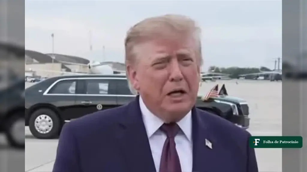 Trump e Flávio Bolsonaro: o presidente dos EUA fala a jornalistas em pista de aeroporto, ao lado de veículos oficiais
