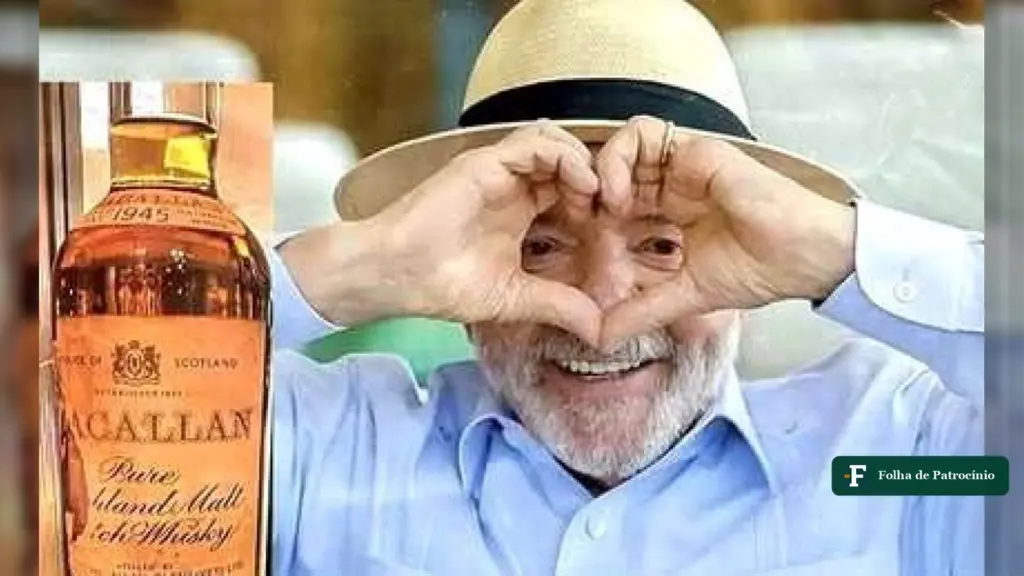 Uísque de Vorcaro: Lula com as mãos em formato de coração ao lado de uma garrafa de Macallan, em imagem que circula nas redes