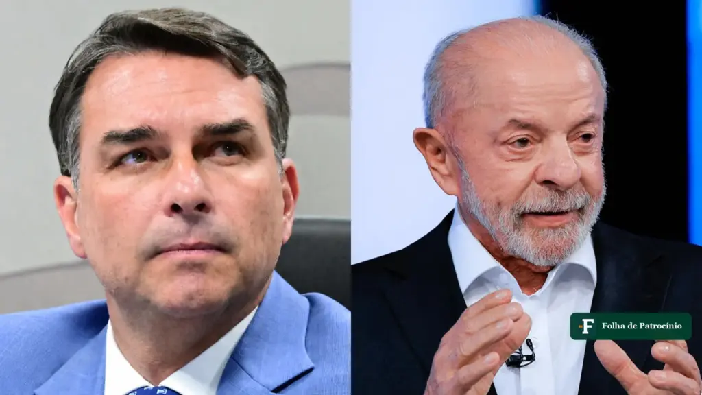 Última pesquisa AtlasIntel: retratos de Flávio Bolsonaro, sério, e de Lula falando no debate, lado a lado