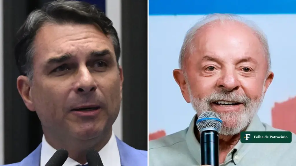 Última pesquisa Quaest: Flávio Bolsonaro e Lula discursam ao microfone, lado a lado