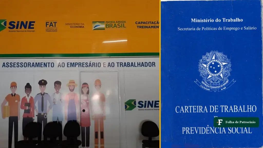 Recepção do SINE de Patrocínio ao lado da Carteira de Trabalho, símbolos das vagas em Patrocínio