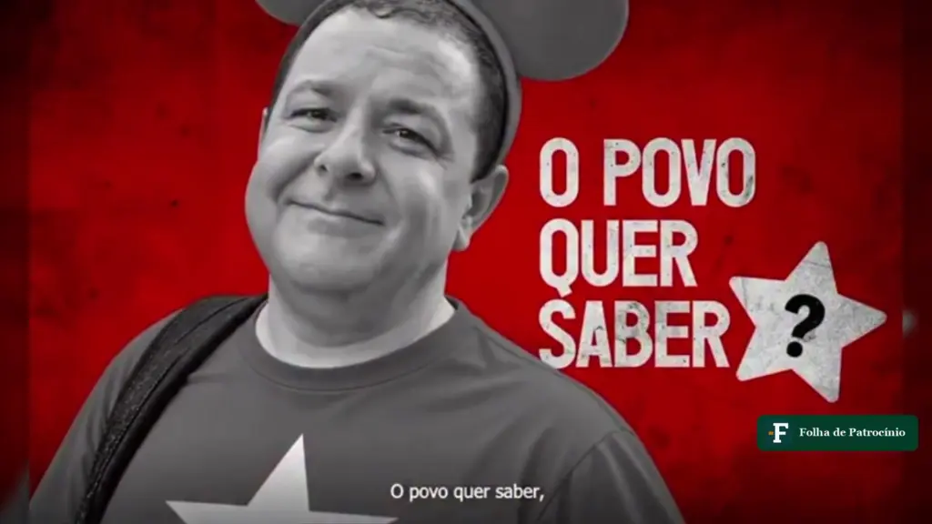 Ator com orelhas de Mickey no vídeo Cadê Lulinha, ao lado da frase O povo quer saber